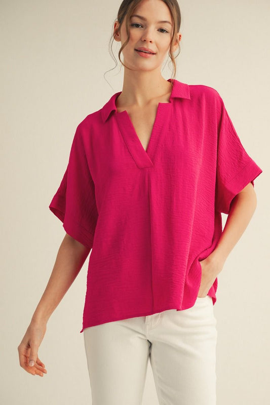 BOXED COLLAR SS FUCHSIA TOP
