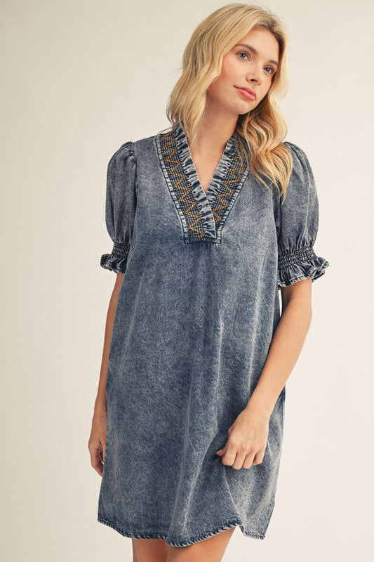 SMOCK EMB DENIM DRESS