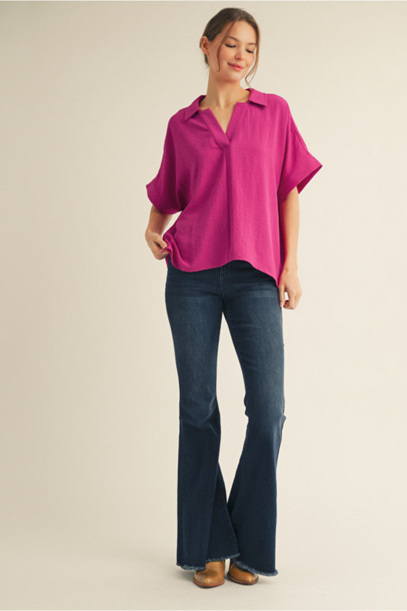 BOXED COLLAR SS MAGENTA TOP