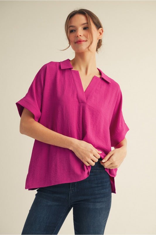 BOXED COLLAR SS MAGENTA TOP