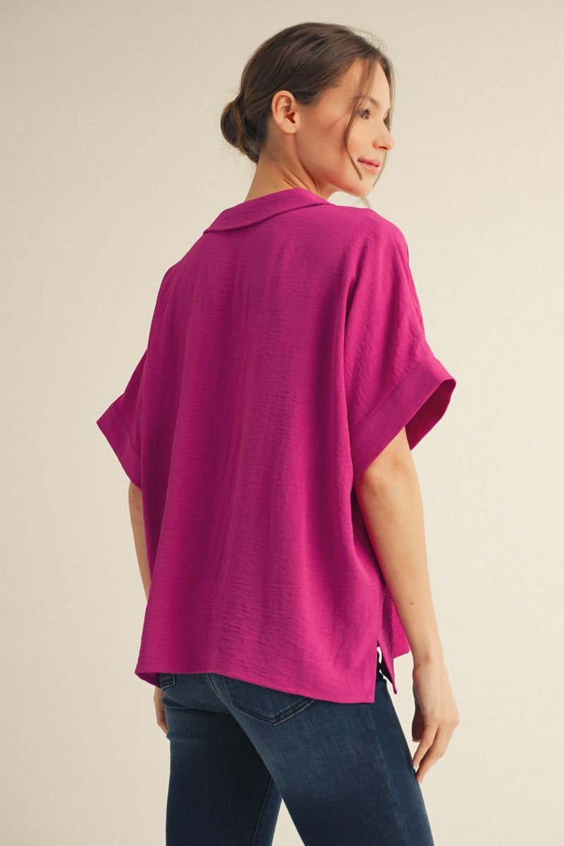 BOXED COLLAR SS MAGENTA TOP