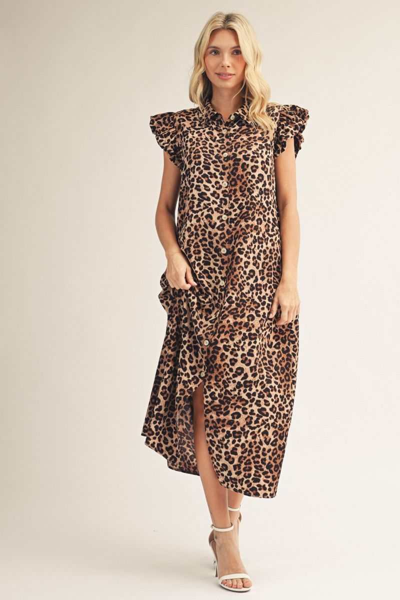 RUFFLED CAP LEOPARD DRESS