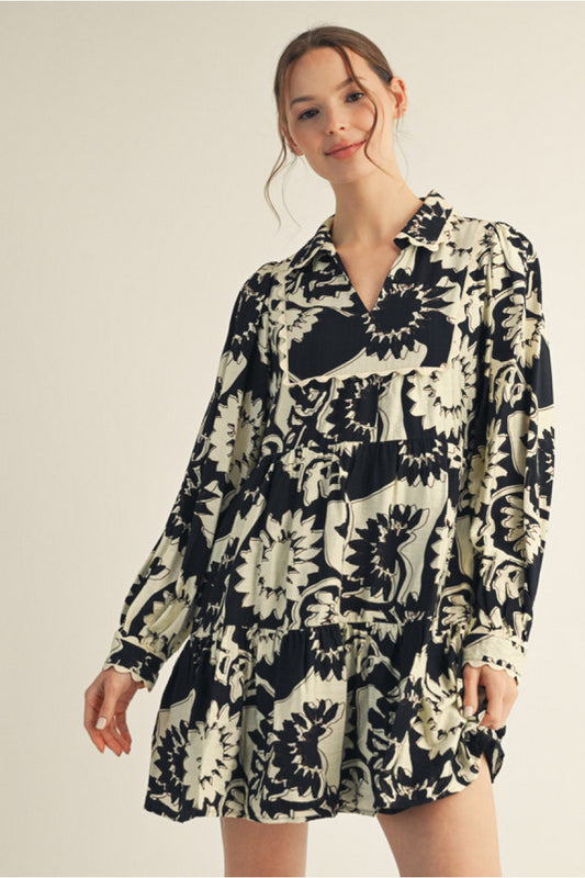 FLORAL RIC RAC BLK DRESS