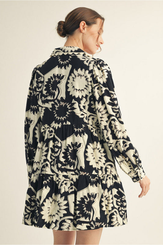 FLORAL RIC RAC BLK DRESS