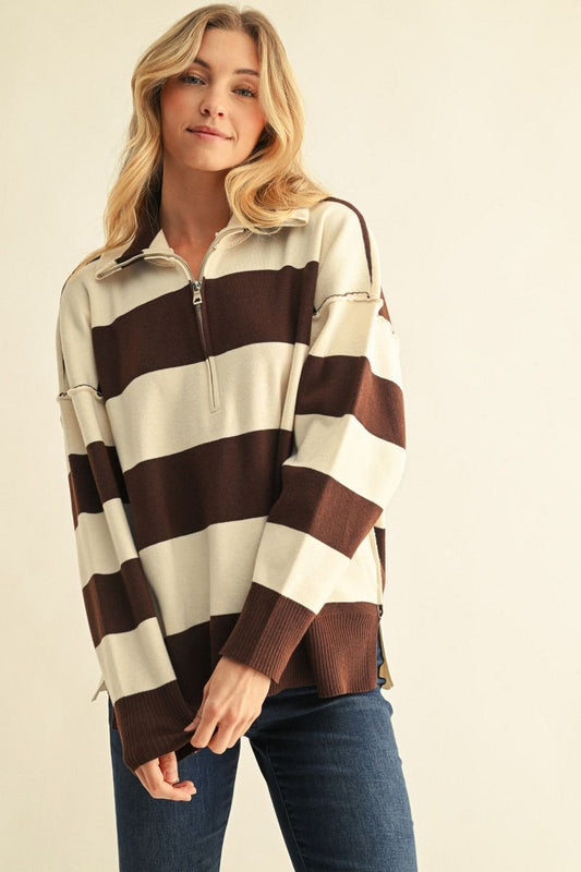 STRIPE ZIP CHARCOAL SWEATER