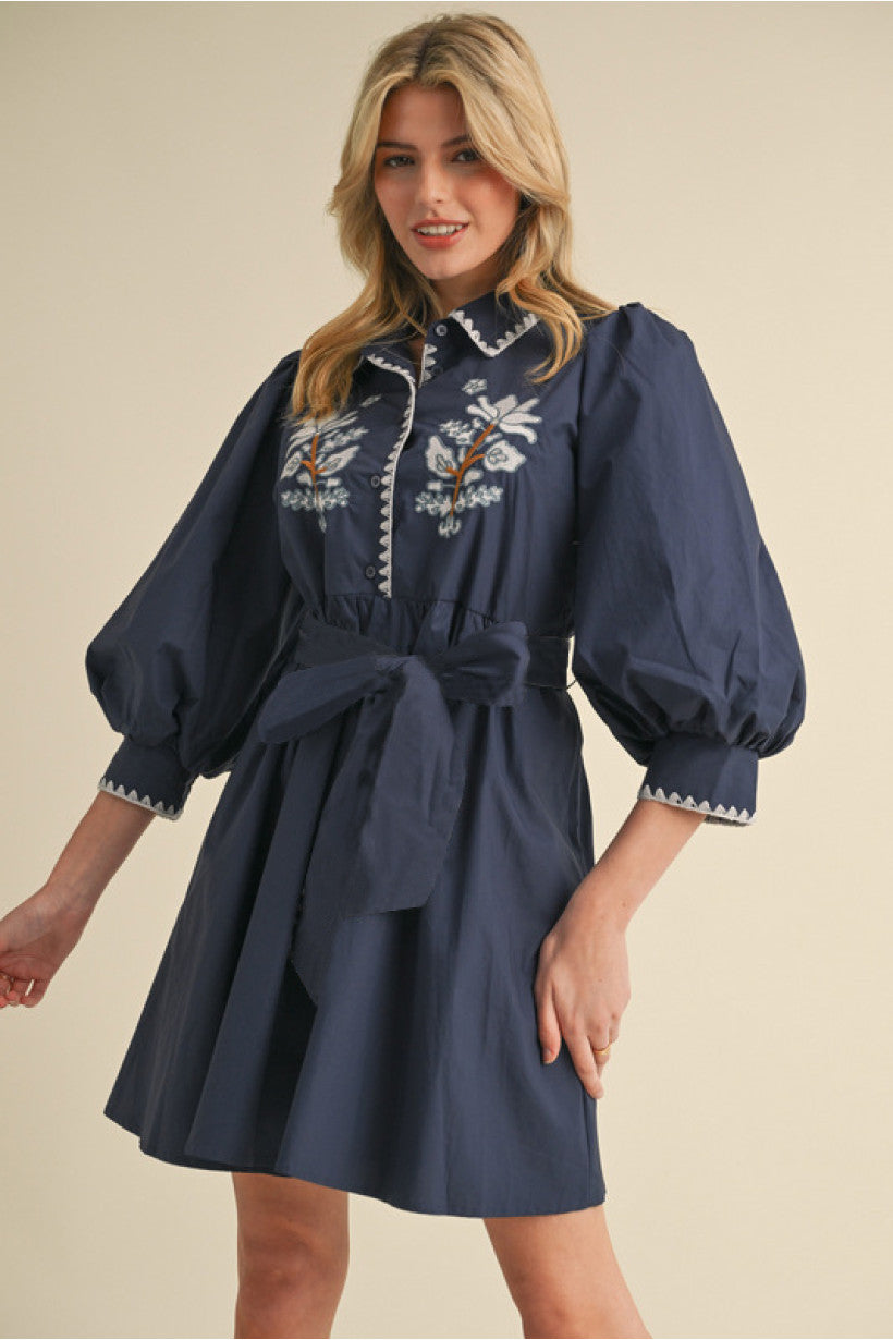 collar shirt dress embroidery Embroidered shirt dress with belt - Women