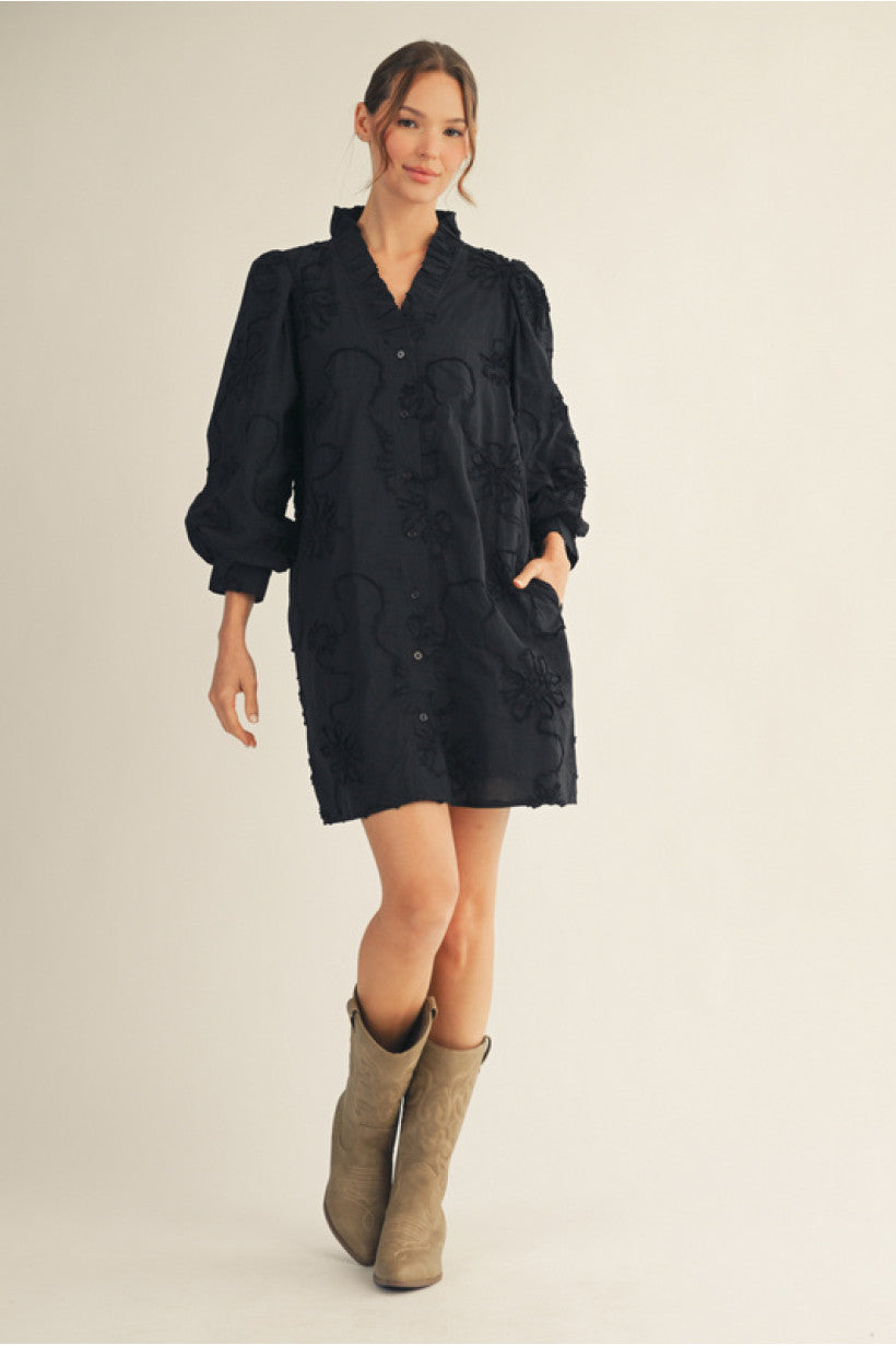 FLORAL EMB BLK DRESS