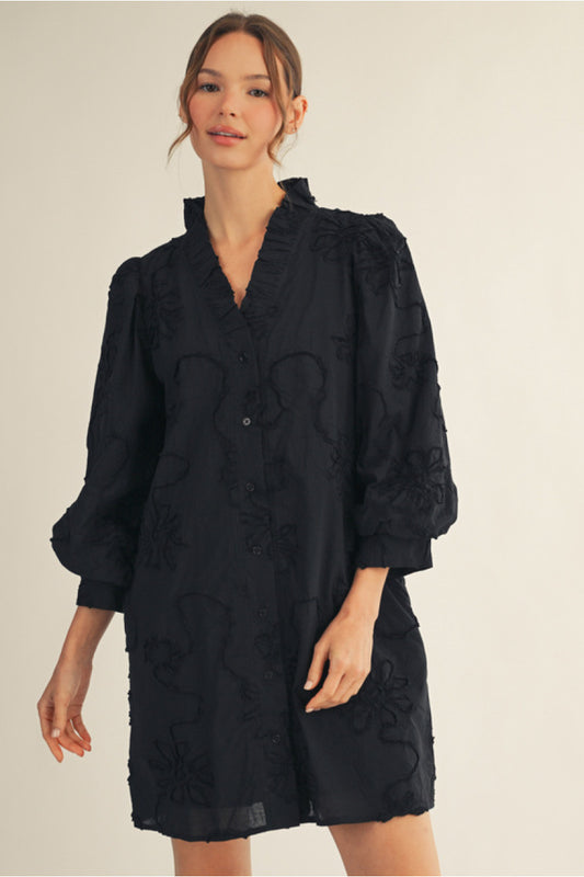 FLORAL EMB BLK DRESS