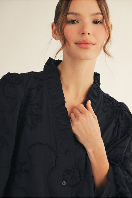 FLORAL EMB BLK DRESS