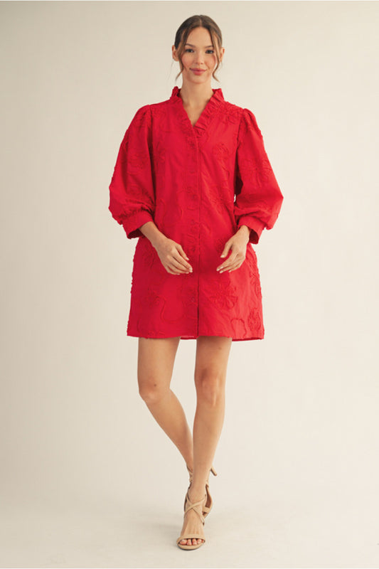 FLORAL EMB RED DRESS