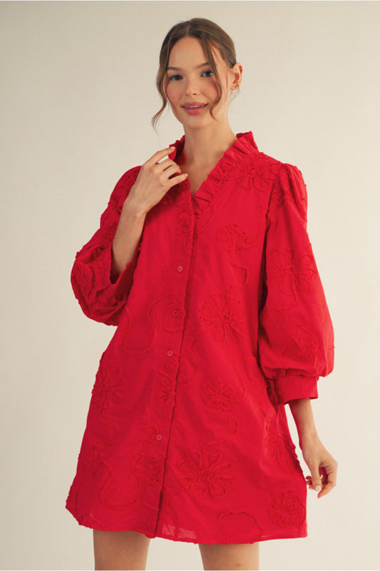 FLORAL EMB RED DRESS