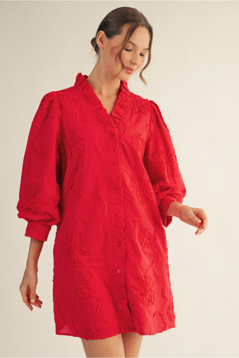 FLORAL EMB RED DRESS