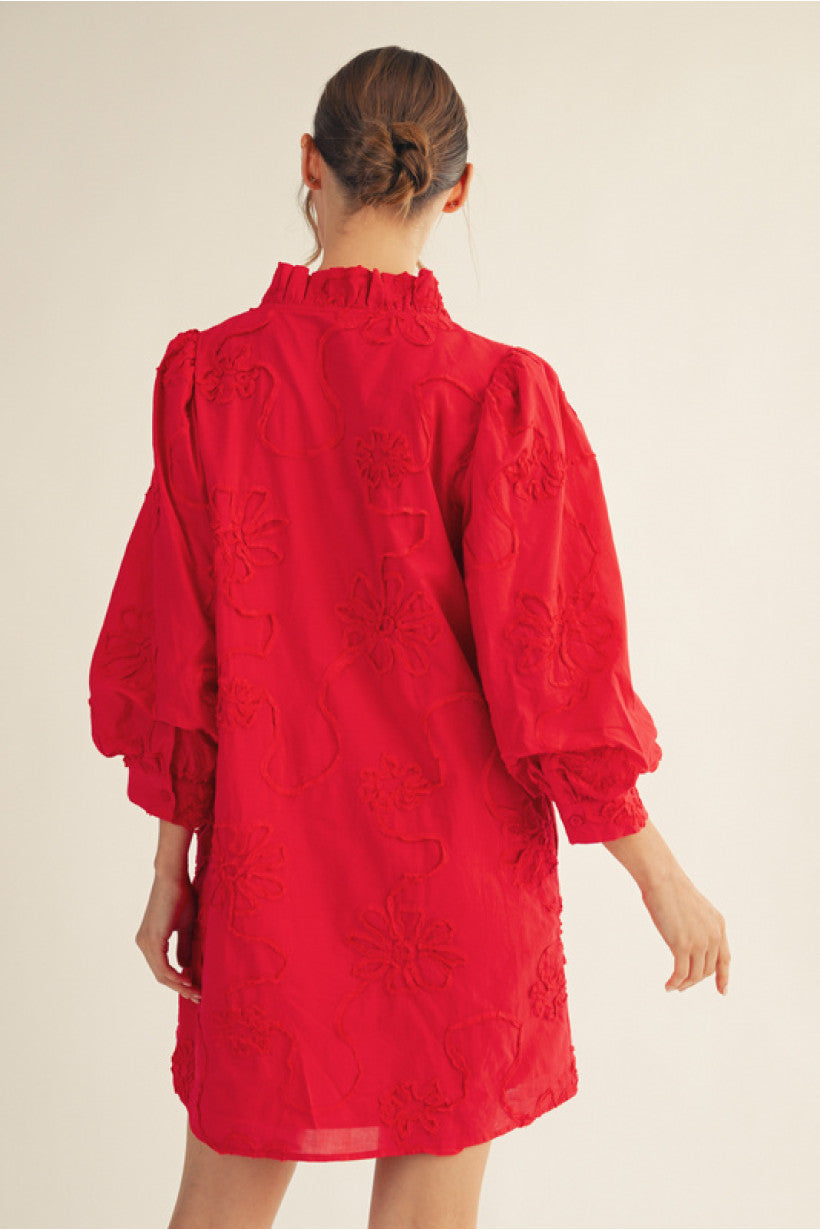 FLORAL EMB RED DRESS