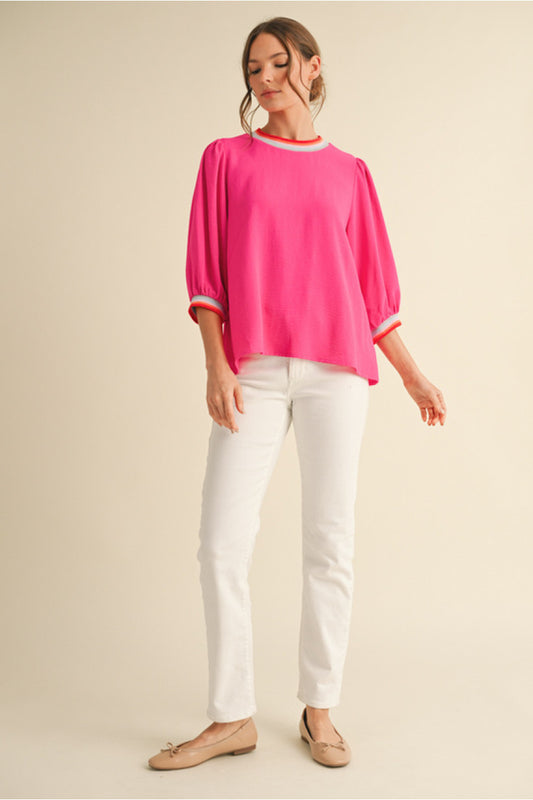 U NECK PINK STRIPE TOP