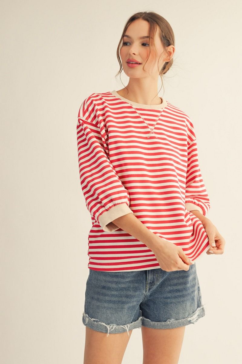STRIPE 3/4 SS RED TOP