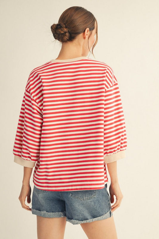 STRIPE 3/4 SS RED TOP