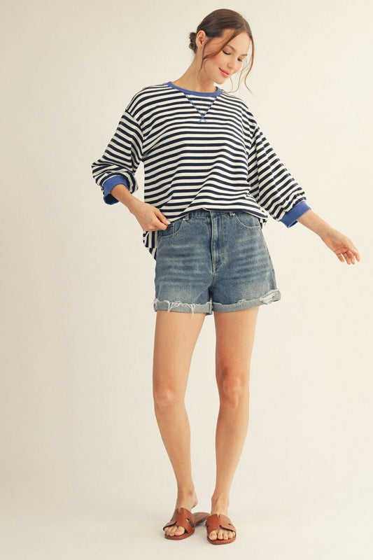 STRIPE 3/4 SS NAVY TOP
