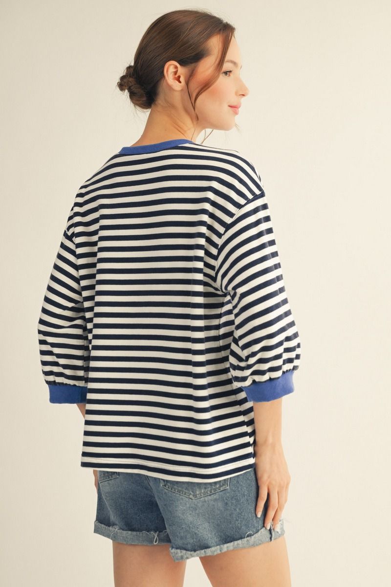 STRIPE 3/4 SS NAVY TOP