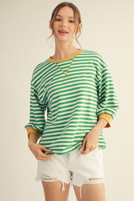 STRIPE 3/4 SS GREEN STRIPE TOP