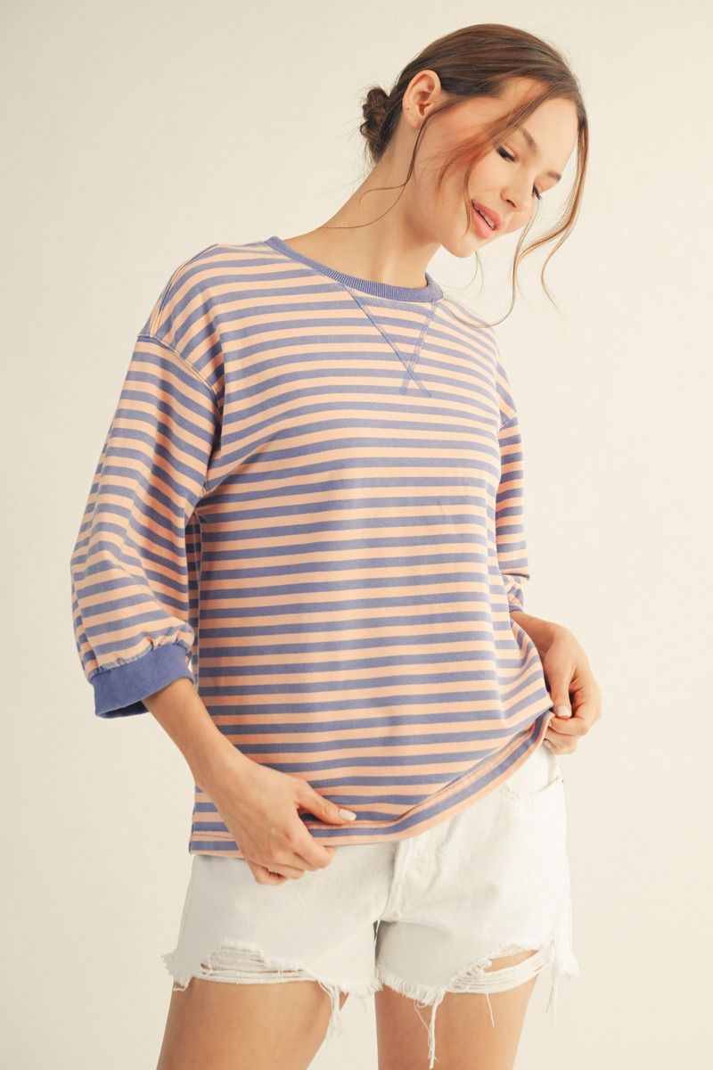 STRIPE 3/4 SLEEVE BLUE TOP