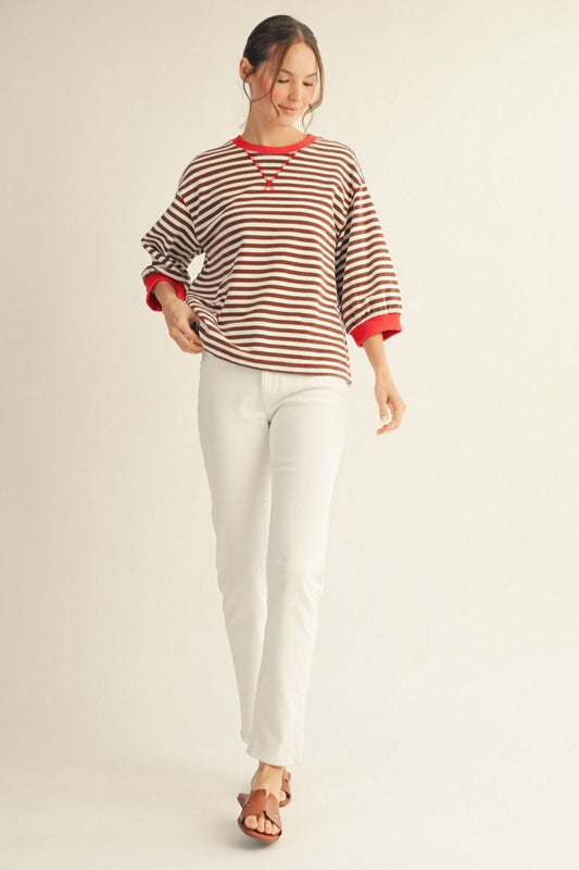 STRIPE 3/4 SS RED/BROWN TOP