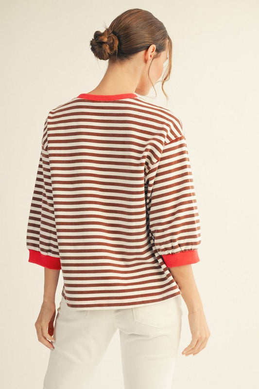 STRIPE 3/4 SS RED/BROWN TOP