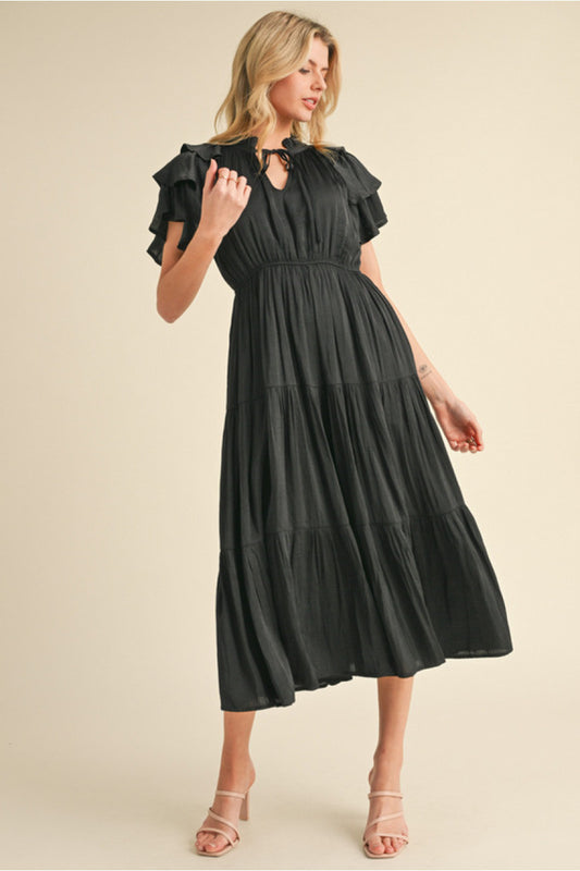 SATIN ELASTIC WAIST BLACK DRESS