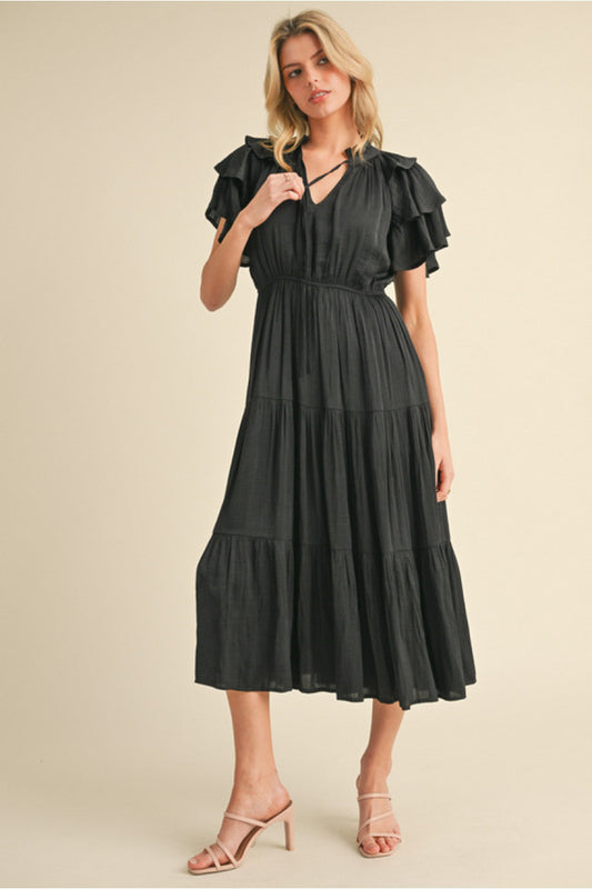 SATIN ELASTIC WAIST BLACK DRESS