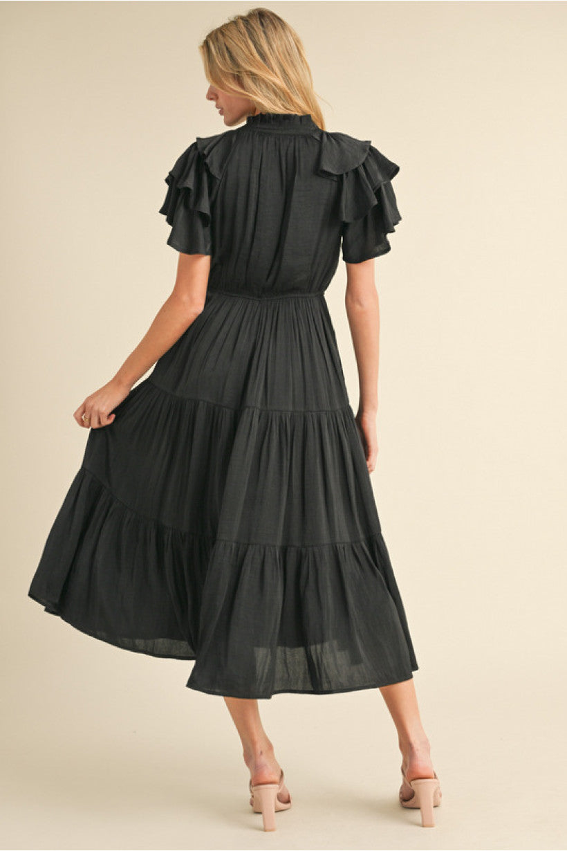 SATIN ELASTIC WAIST BLACK DRESS