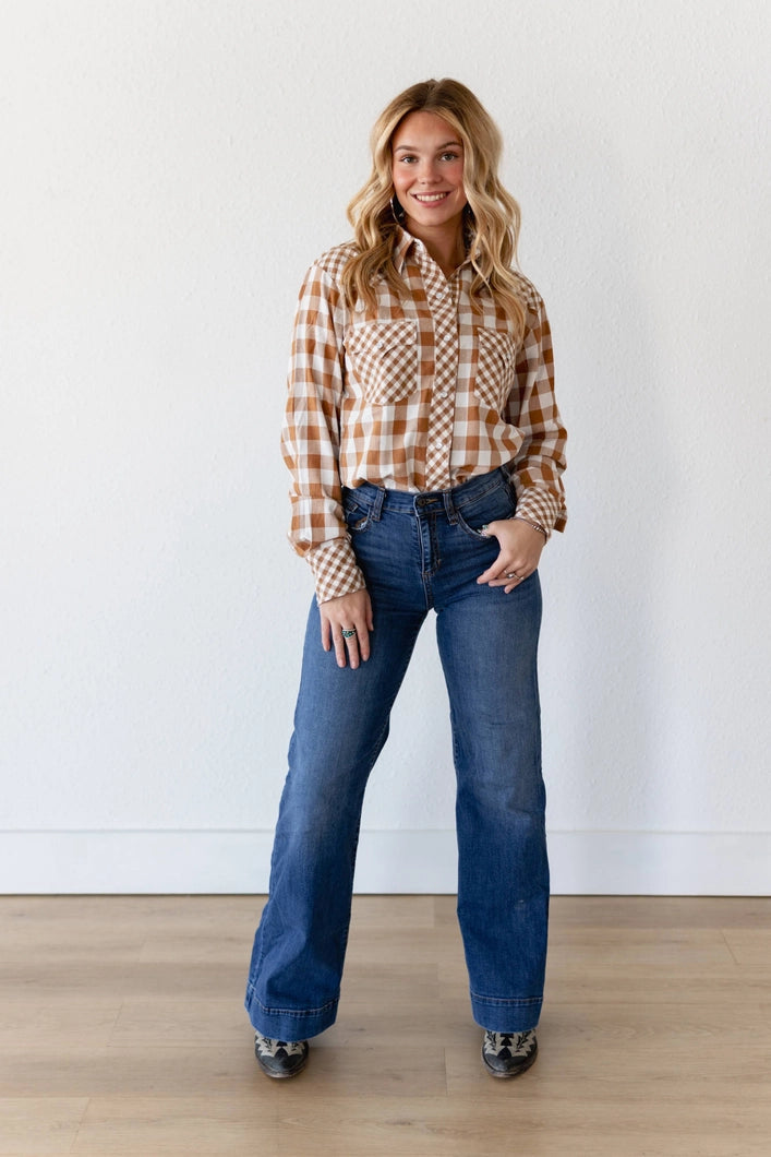 GINGHAM MIXED TAN LS