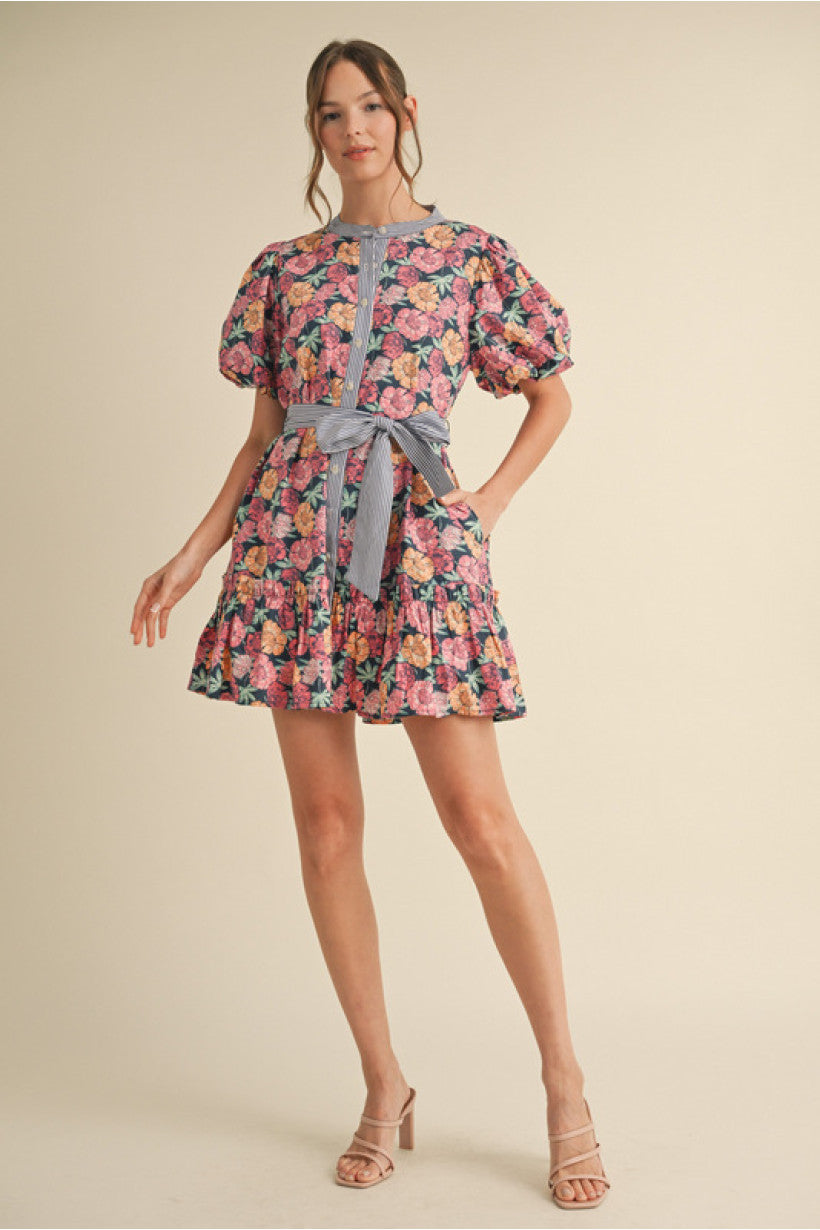 BOW BELT FLORAL DRESS