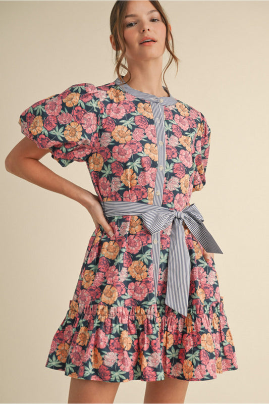 BOW BELT FLORAL DRESS