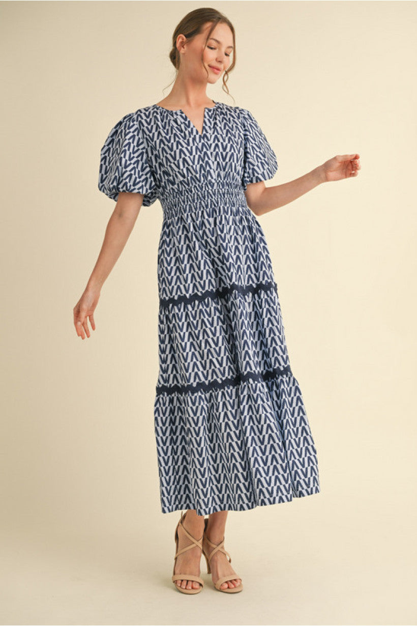 CHEVERON MAXI RUFFLE DRESS