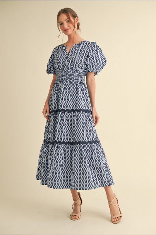 CHEVERON MAXI RUFFLE DRESS