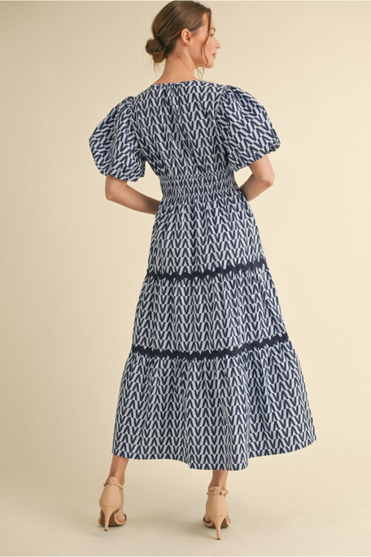 CHEVERON MAXI RUFFLE DRESS