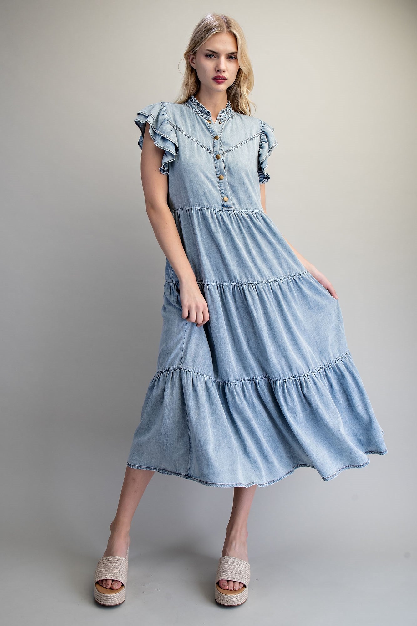 DENIM TIERED MAXI DRESS