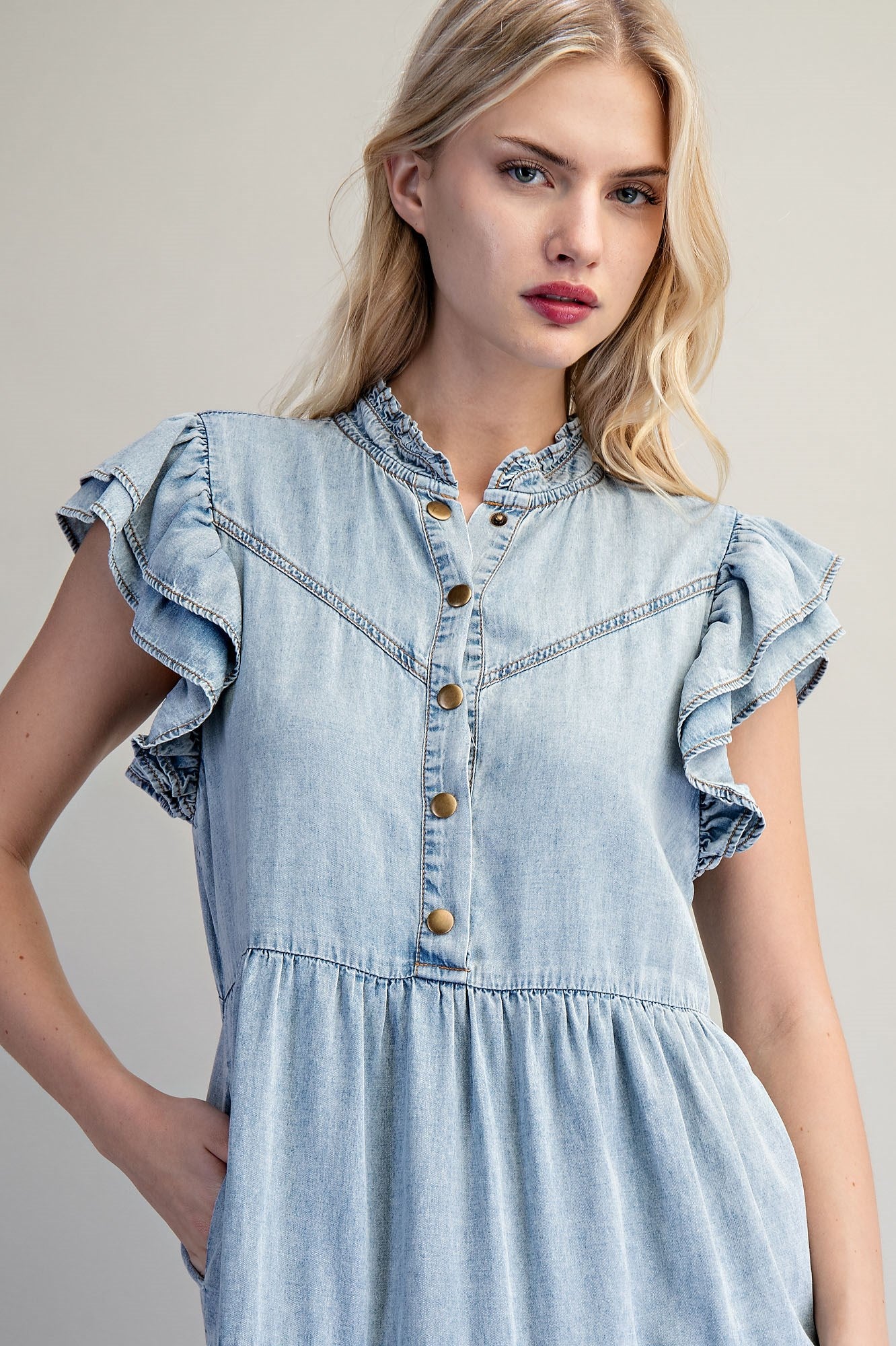 DENIM TIERED MAXI DRESS