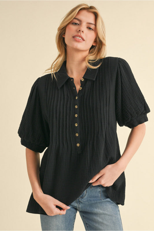 PLEATED BLACK YOKE TOP