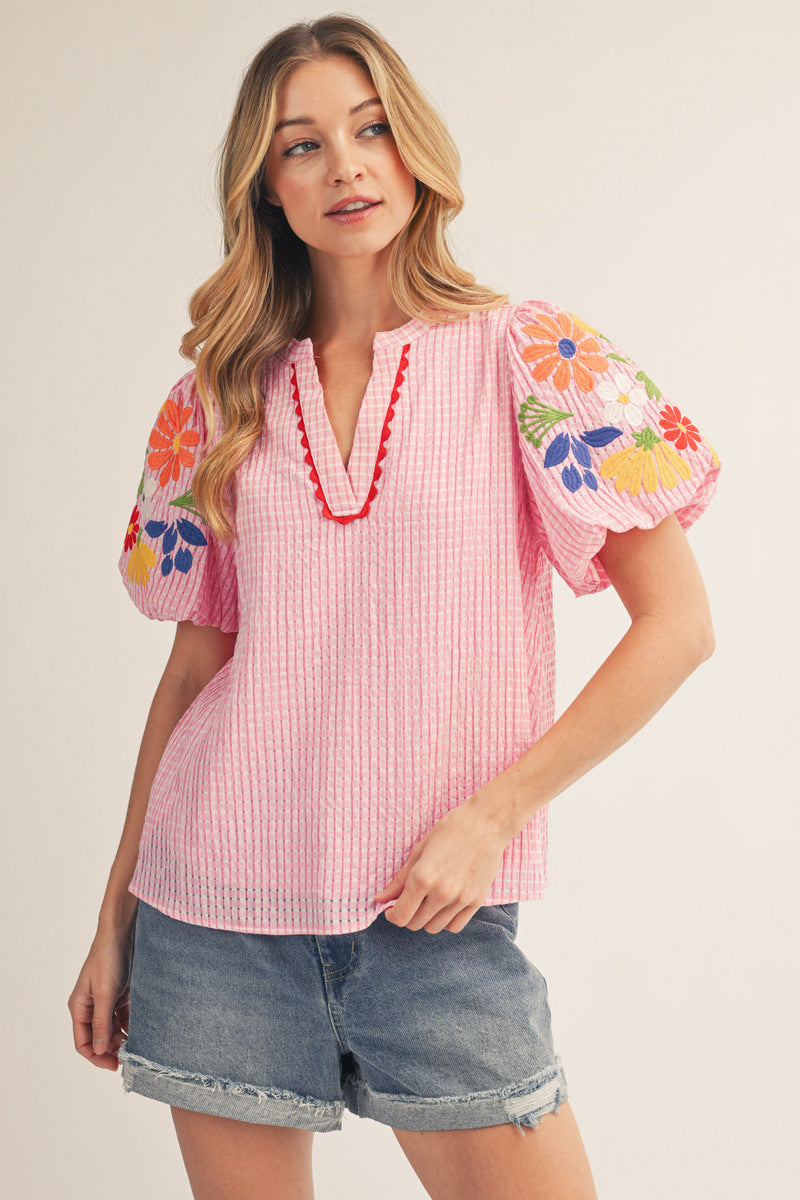 GINGHAM EMB SS PINK TOP
