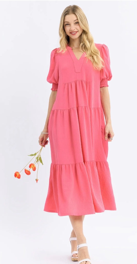 SOLID TIERED CORAL PINK MIDI DRESS