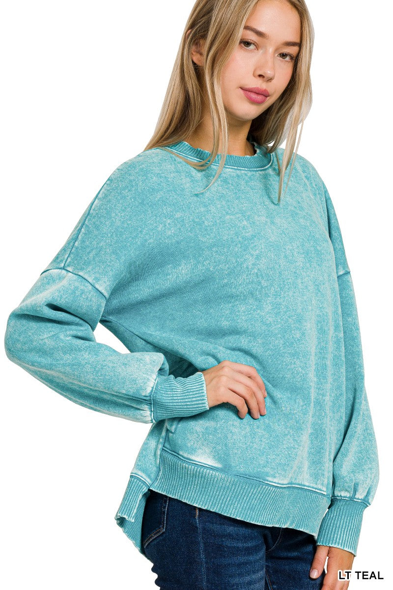 ACIDWASH TEAL HI-LOW FLEECE TOP