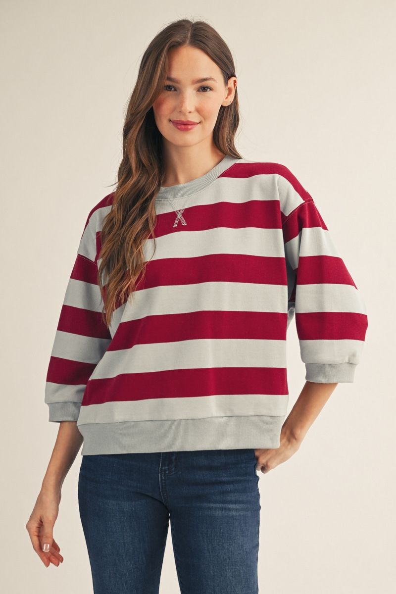 3/4 STRIPE BURGUNDY TOP