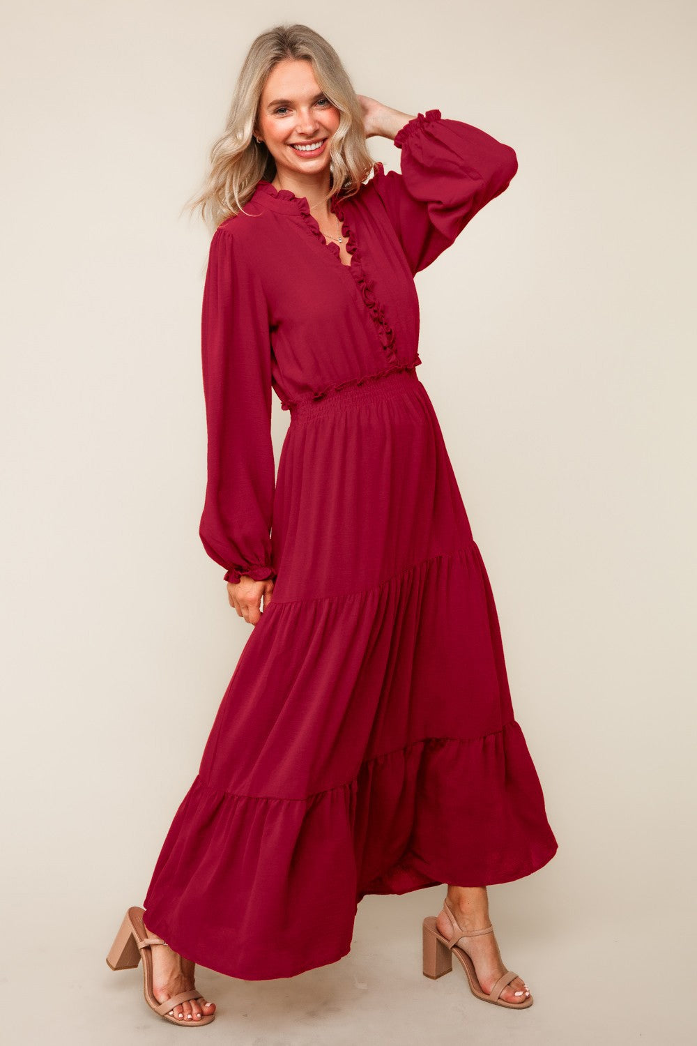 SOLID WINE WOVEN DRESS