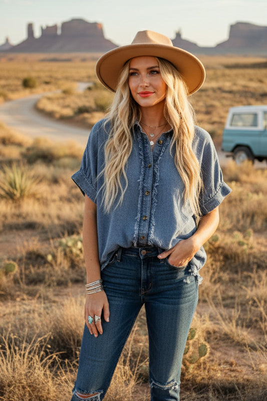 FRAY TRIM DENIM TOP