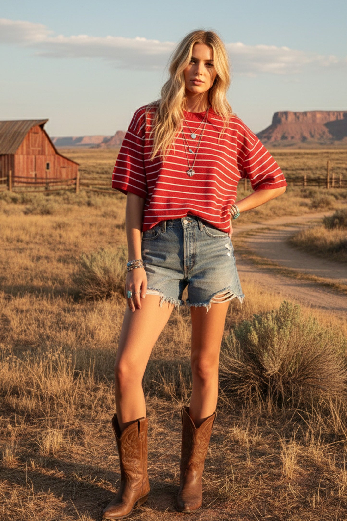RED/WHITE STRIPED KNIT SS TOP
