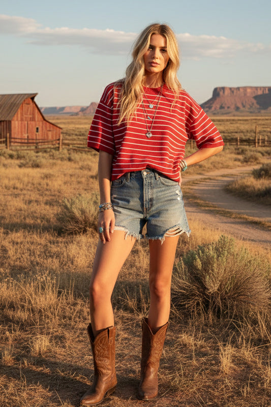 RED/WHITE STRIPED KNIT SS TOP