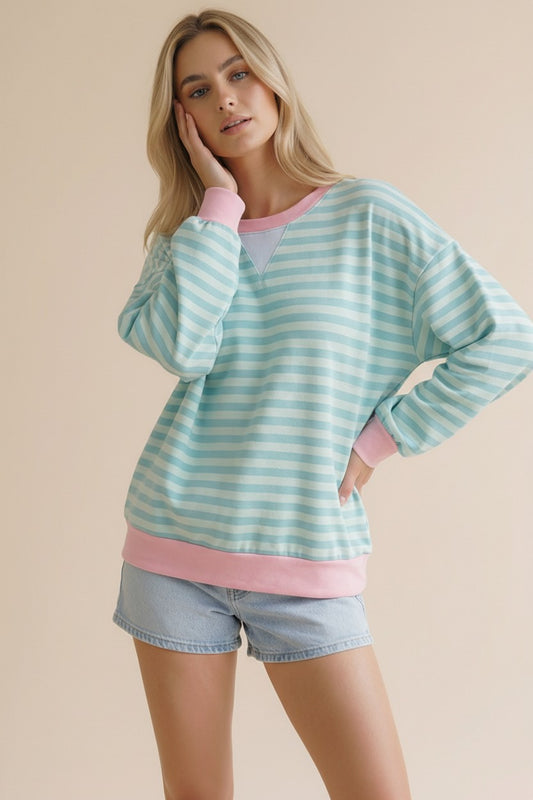 STRIPE CREW NECK MINT/FUCHSIA TOP