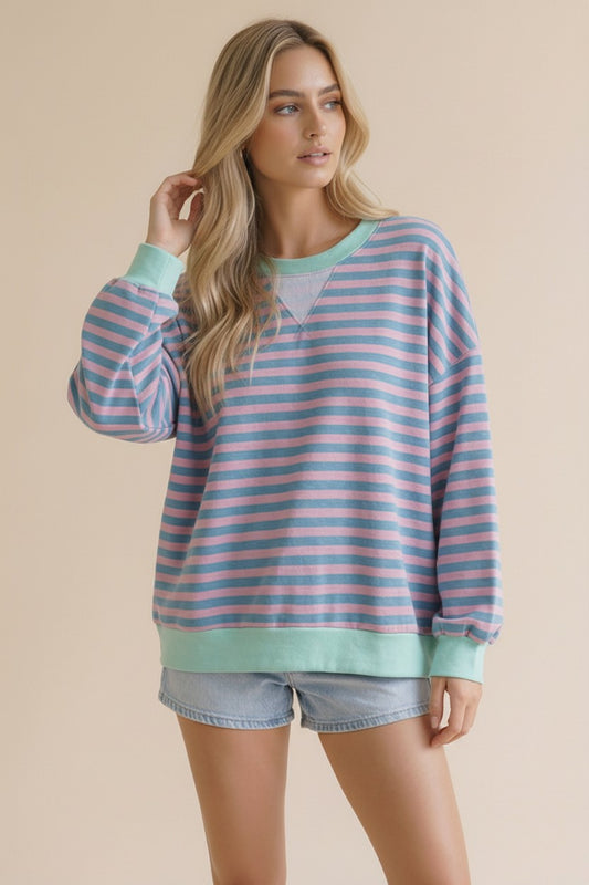 STRIPE CREW NECK TEAL/BLUSH/SEAFOAM TOP