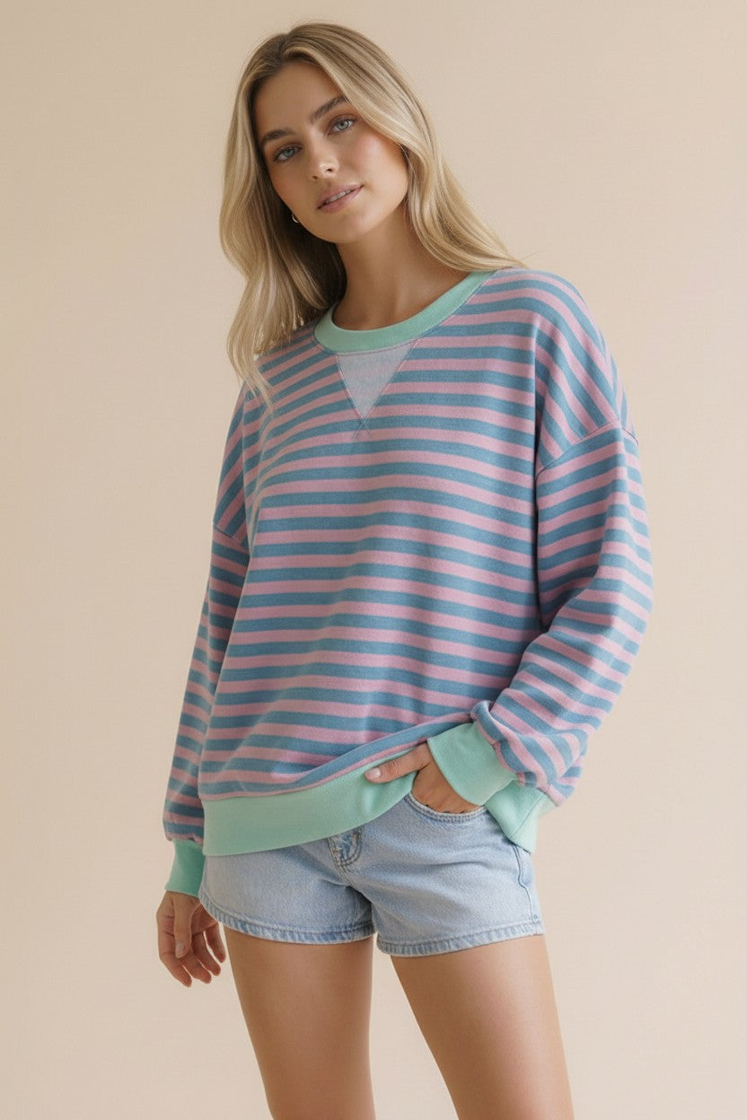 STRIPE CREW NECK TEAL/BLUSH/SEAFOAM TOP