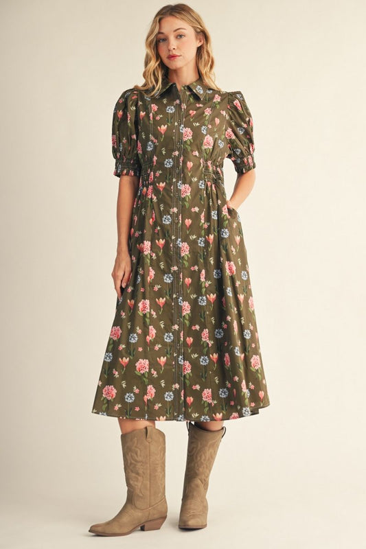 FLORAL DETAIL MIDI OLIVE DRESS